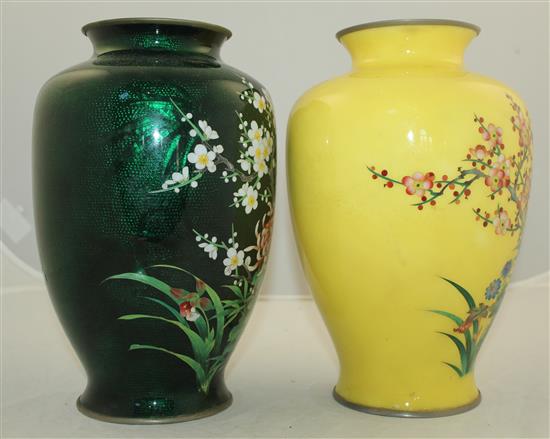 Two Japanese cloisonne enamel ovoid vases, mid 20th century, both 24.5cm, some damage, wood stands